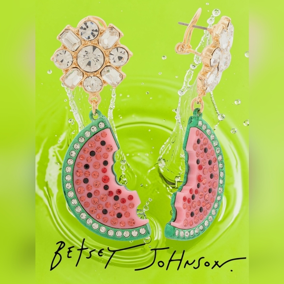 Betsey Johnson Jewelry - NEW Betsey Johnson Backyard Watermelon Green & Pink Crystal Earrings 2.75" Long